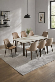Modern 9-Piece Dining Set with Marble Top Table and 8 Brown Velvet Chairs for Luxury Home Dining