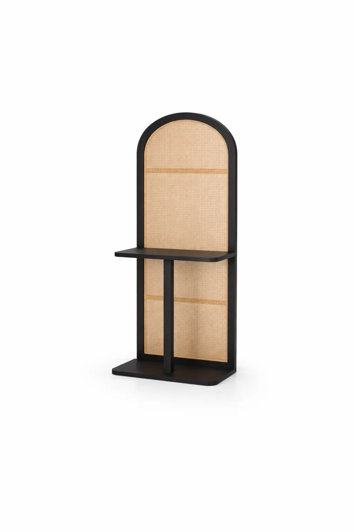 Modern Arched Orginizer Rack with Cane Panel and Black Wood Frame