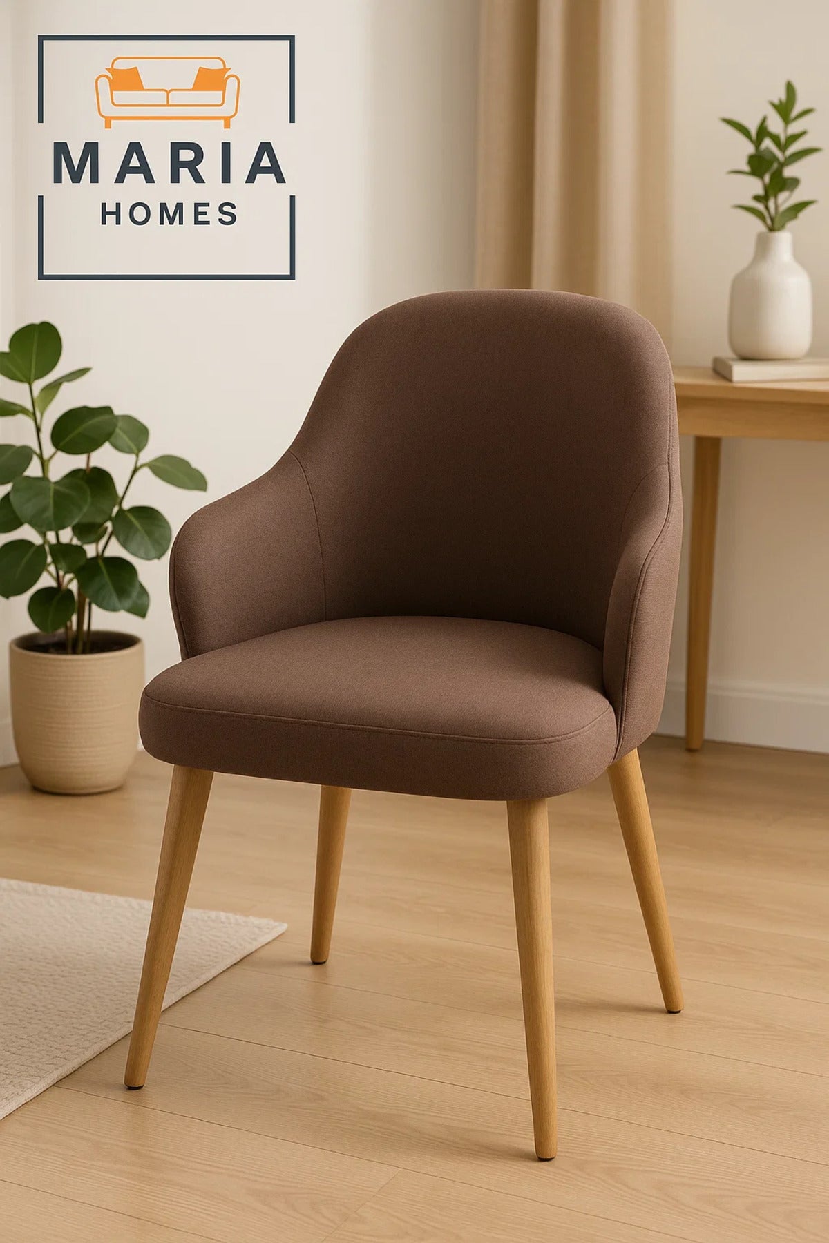 Modern Brown Fabric Dining Chair with Wooden Legs Ð Comfortable Upholstered Accent Chair