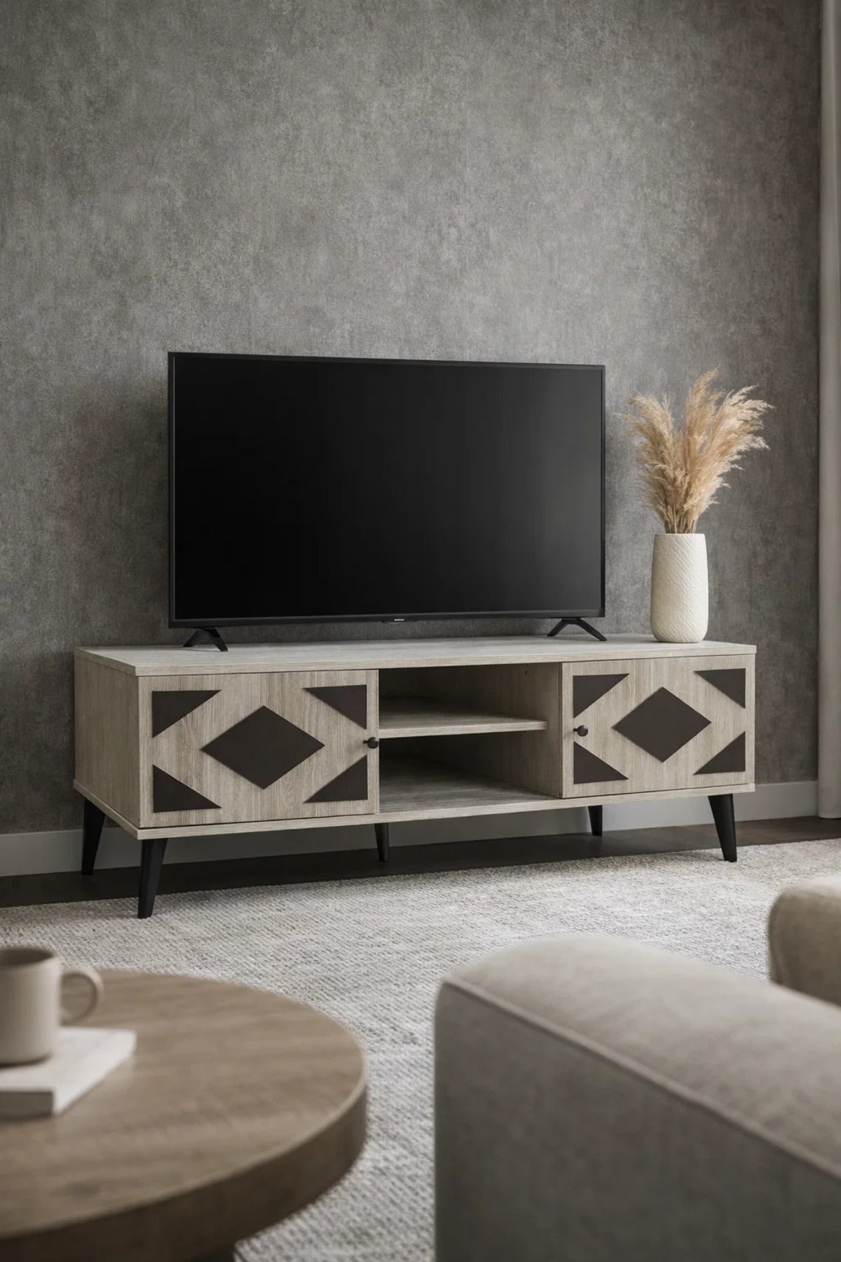 Stylish Beige Media Console 160cm TV Stand with Storage Geometric Design Living Room Furniture