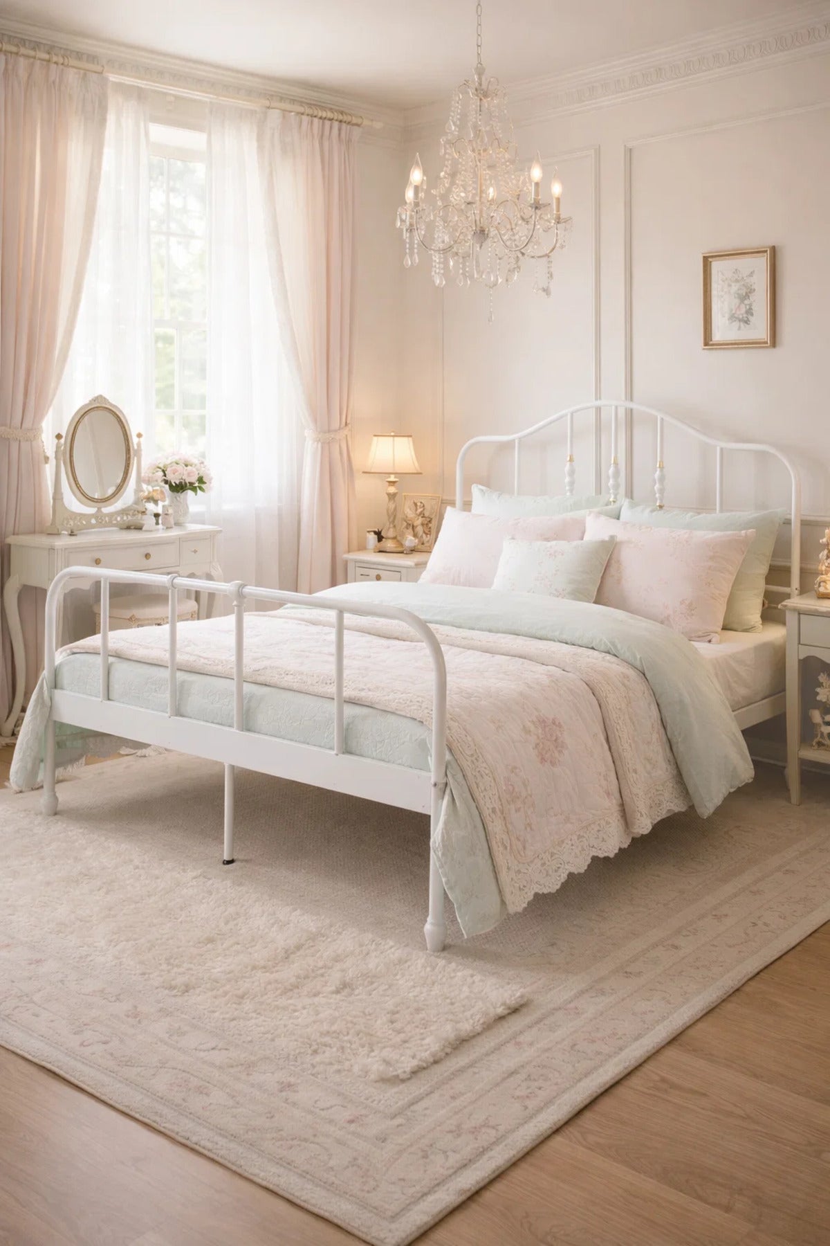 Modern White Metal Bed Frame 140x200 cm Durable Iron Structure with Elegant Curved Headboard