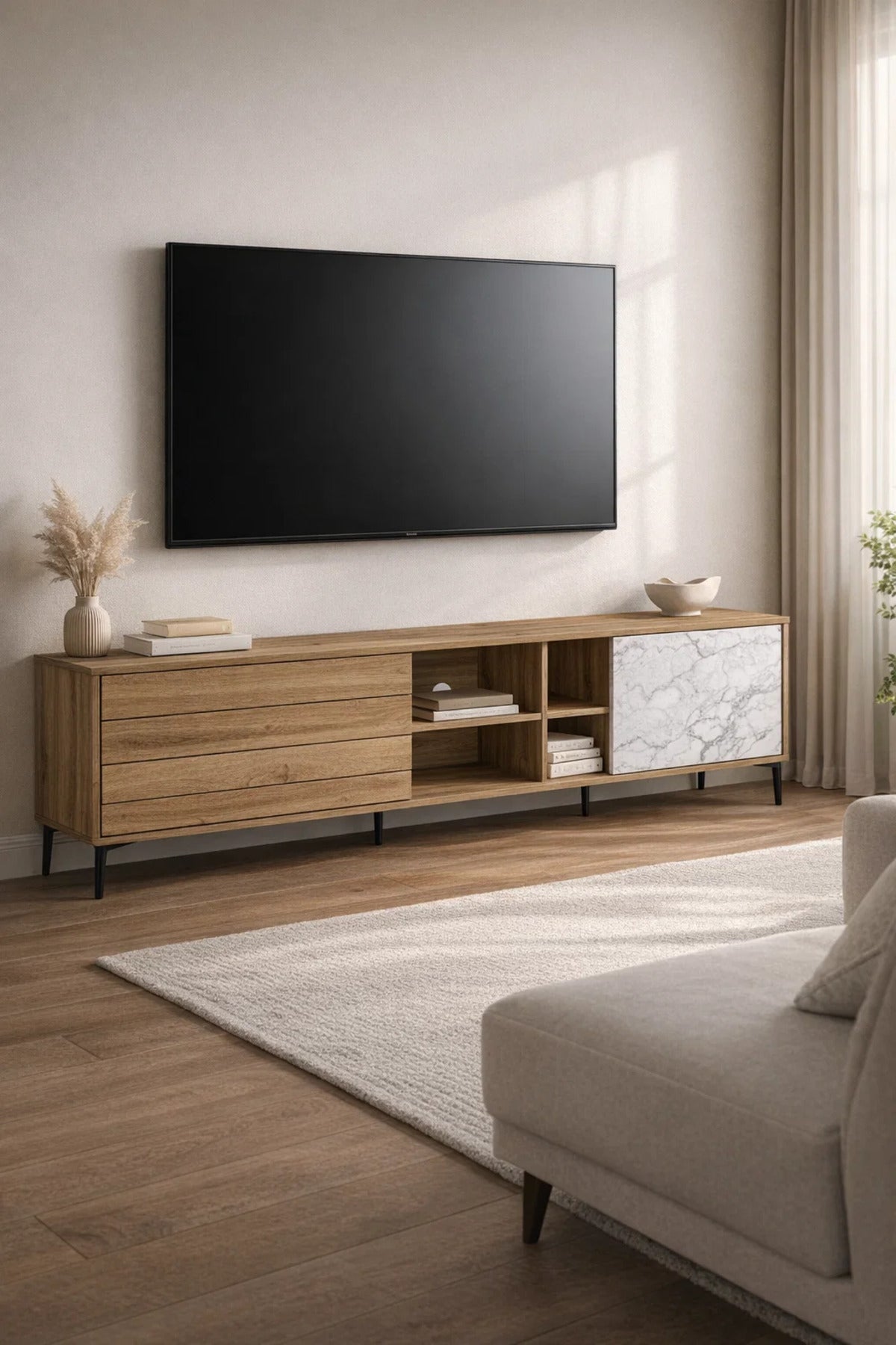 Premium 180cm Wooden TV Unit with Marble Effect Door and Storage Drawers for Stylish Living Rooms