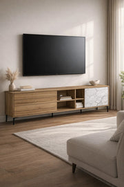 Premium 180cm Wooden TV Unit with Marble Effect Door and Storage Drawers for Stylish Living Rooms