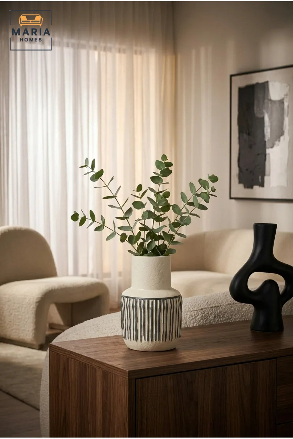 Cream and Black Striped Decorative Vase, Modern Ceramic Flower Holder with Rounded Body and Tall Neck for Living Room, Bedroom, Office and Table Décor
