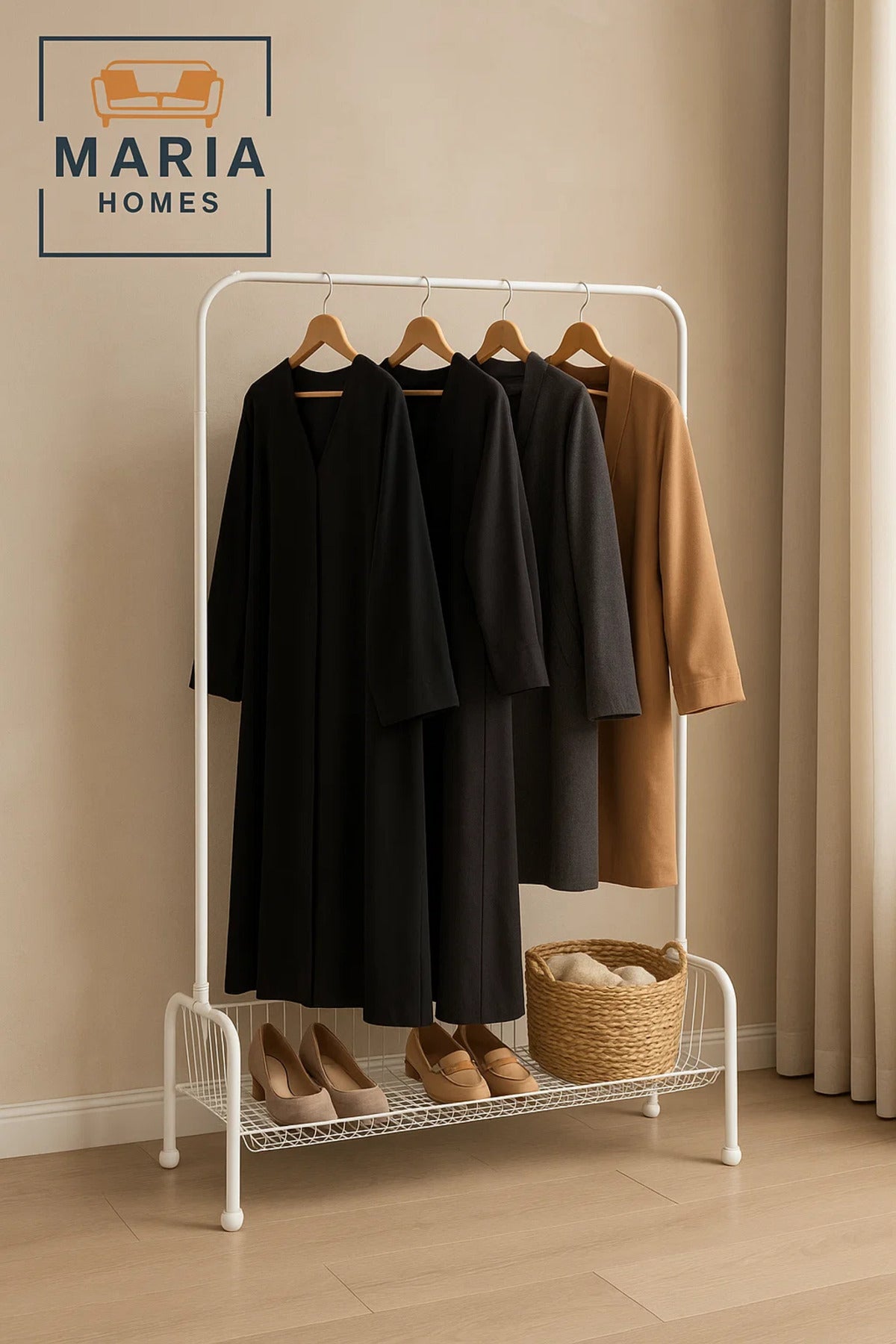 White Steel Garment Rack with Rolling Base and Wire Storage Shelf
