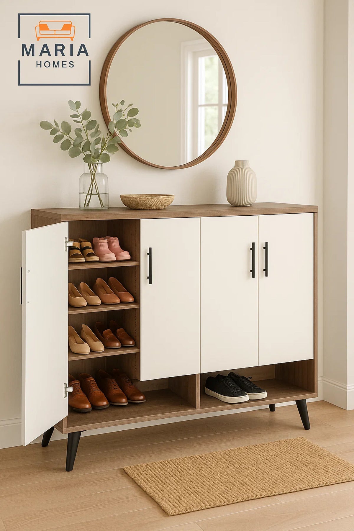 Modern 4-Door White Shoe Rack Cabinet with Open Storage Ð Stylish Wooden Shoe Organizer