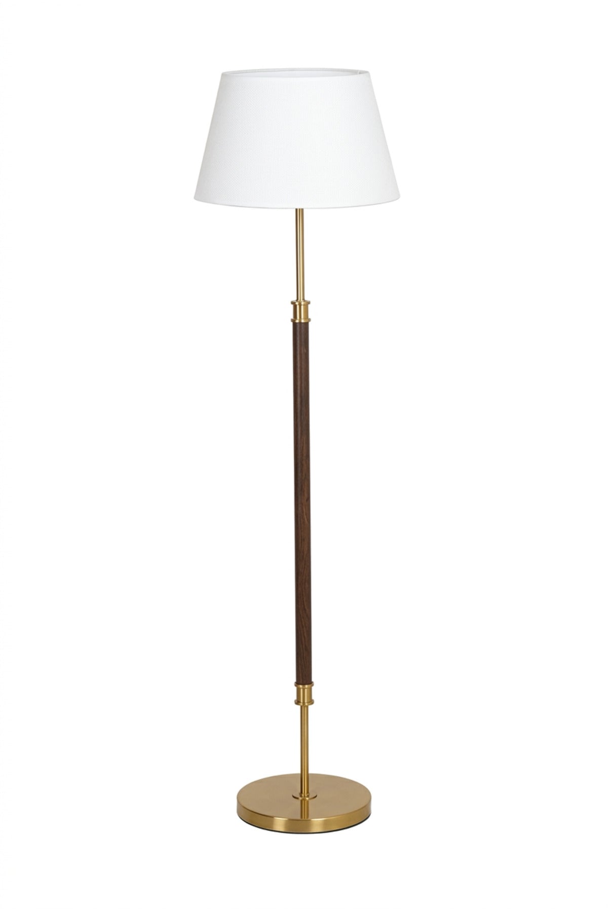 Modern Wooden Floor Lamp with Gold Accents, White Fabric Shade and Round Base Elegant Standing Light for Living Room Bedroom Office and Hotel Décor
