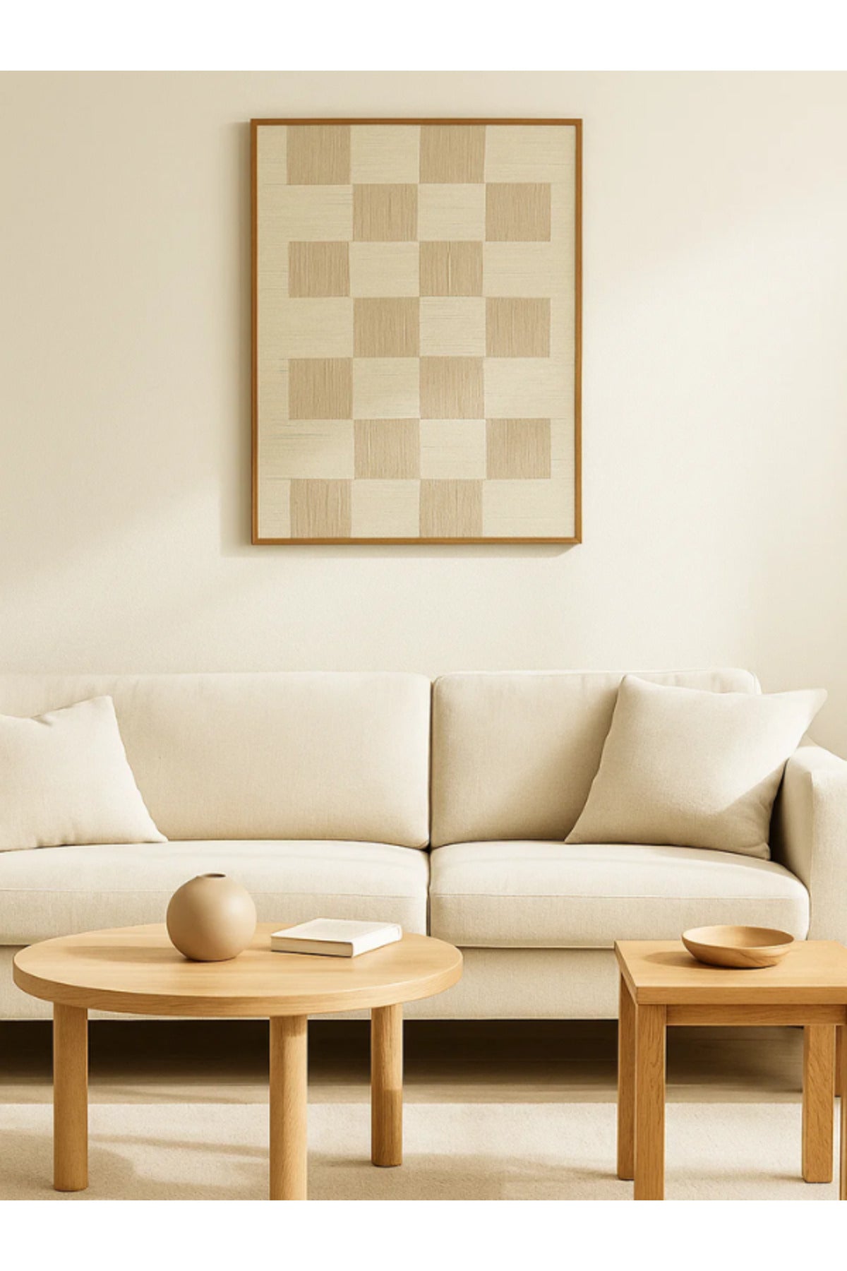 Modern Geometric Wall Art Ð 120_80 cm Beige and Cream Checkered Framed Canvas DŽcor
