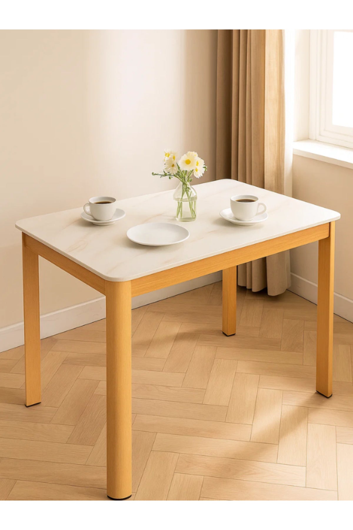 Modern Dining Table Ð 130_80_76 cm Marble Top with Wooden Legs for Home & Kitchen