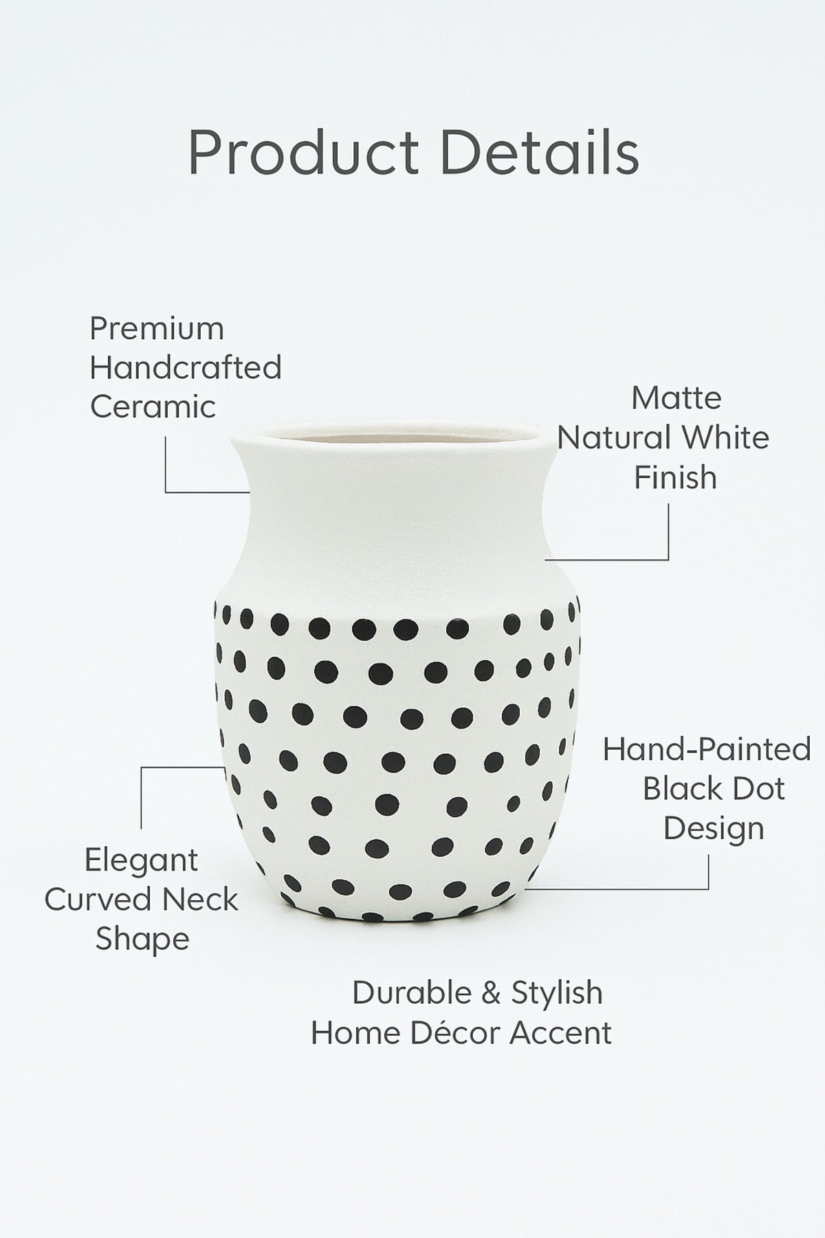 Natural White Ceramic Vase with Black Dots Ð Curved Mouth Decorative Vase