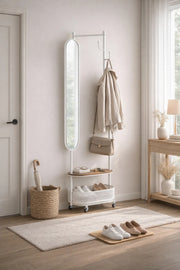 Multifunctional Rolling Coat Rack Stand with Oval Mirror and Storage Basket for Dressing Room White