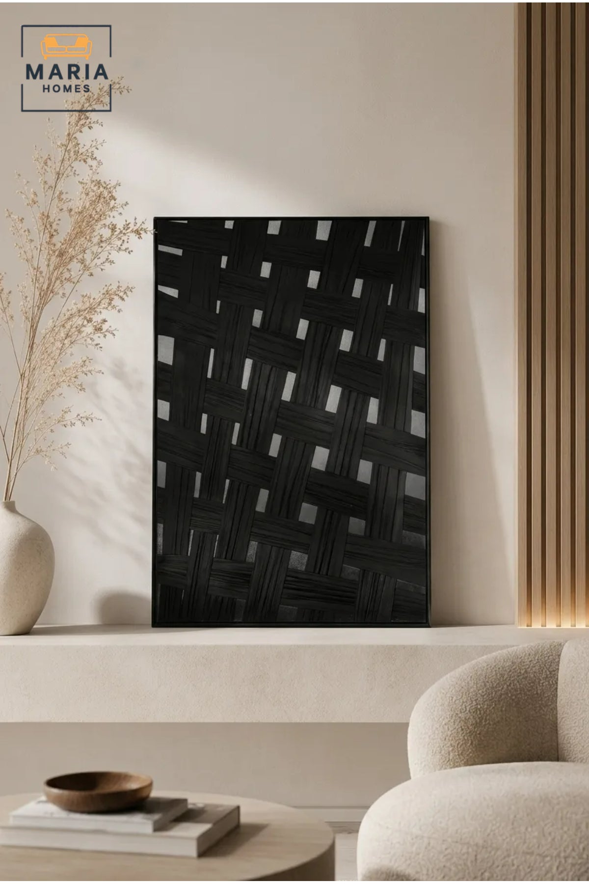 Modern Black Woven Pattern Framed Wall Art – Textured Abstract Decorative Painting for Living Room, Bedroom & Office Décor