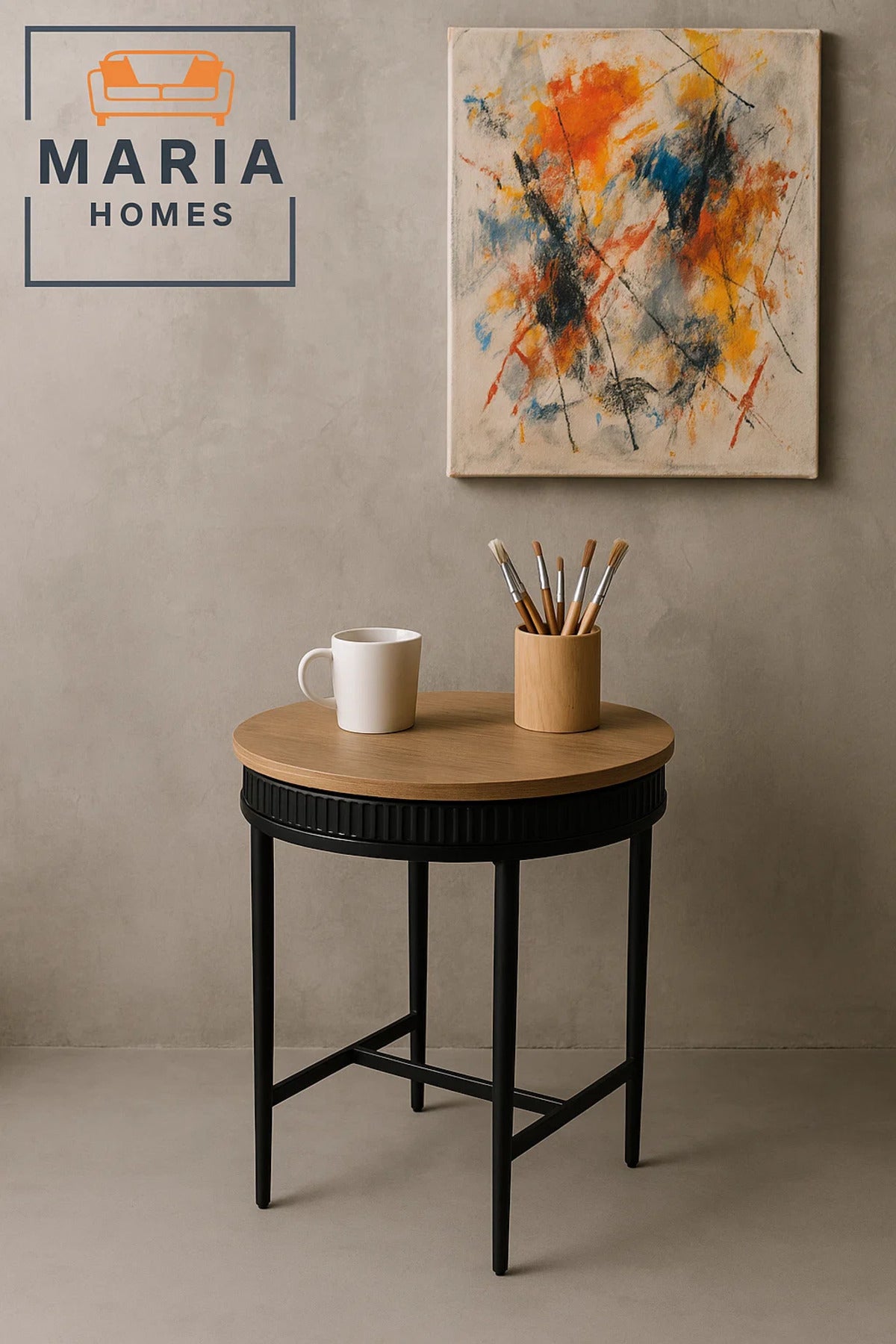 Round Wooden Side Table with Ribbed Black Edge and Cross-Leg Support