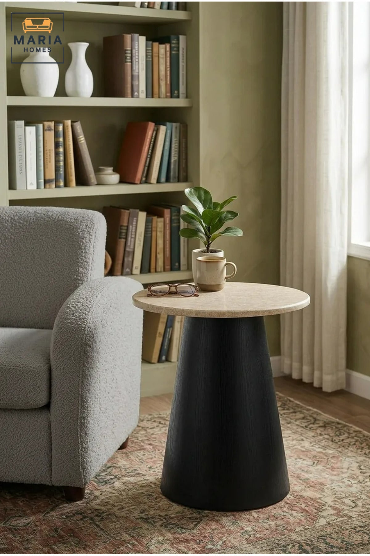 Modern Round Side Table with Marble-Effect Top & Cone Pedestal Base, Contemporary End Table for Living Room, Bedroom & Lounge