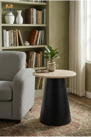 Modern Round Side Table with Marble-Effect Top & Cone Pedestal Base, Contemporary End Table for Living Room, Bedroom & Lounge