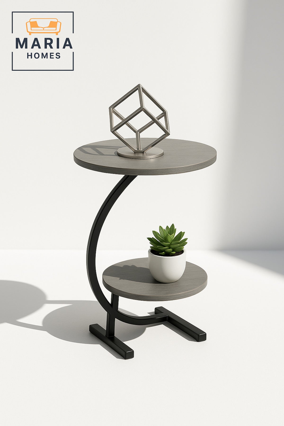 Modern Gray Round Side Table with Metal Frame Ð Two-Tier Accent Table (40_60 cm)