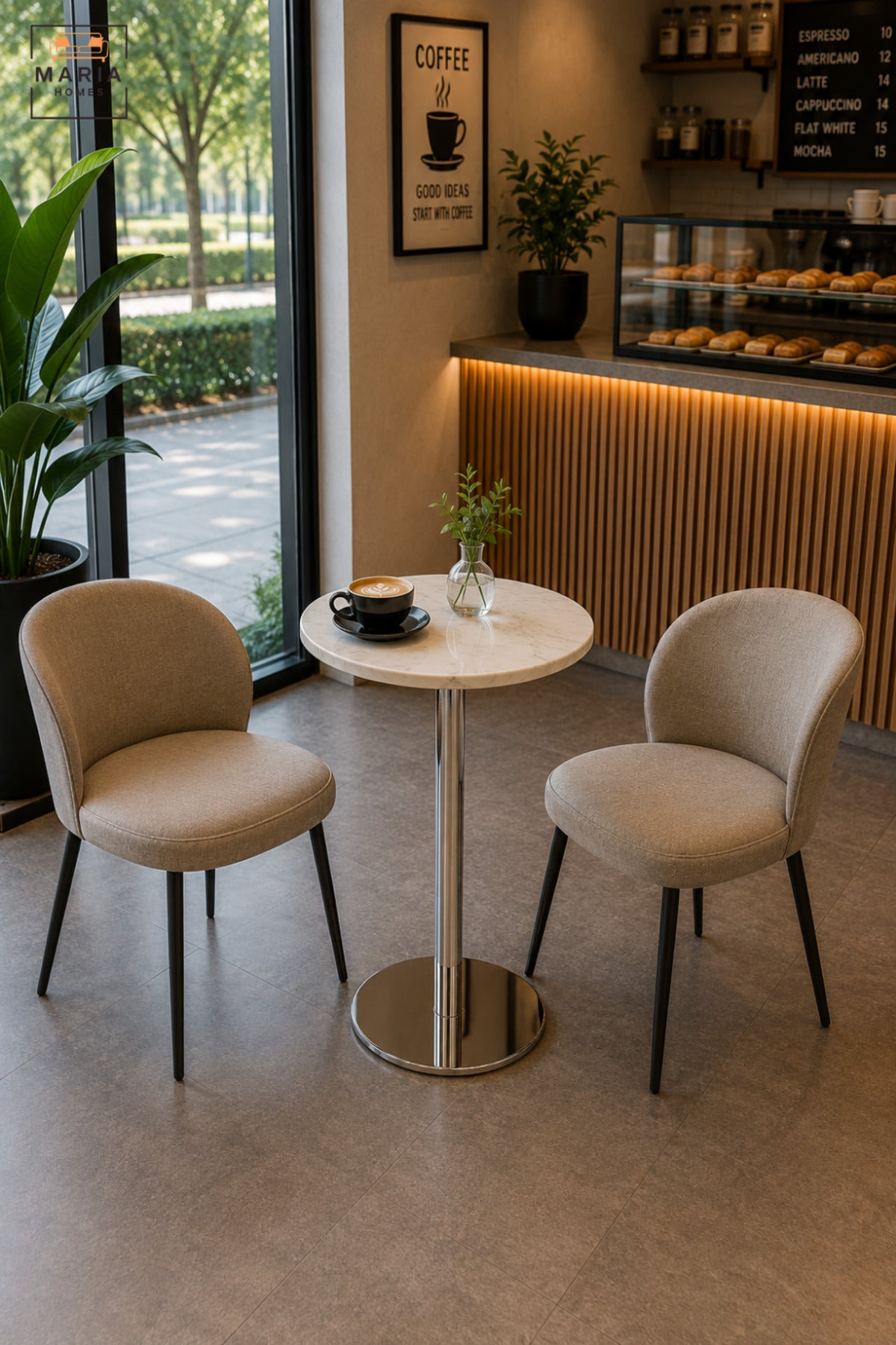 Modern Round Café Table with White Top, Polished Silver Pedestal Base & Minimalist Design, Bistro Table for Coffee Shop Restaurant Dining Area, 60 x 35 CM