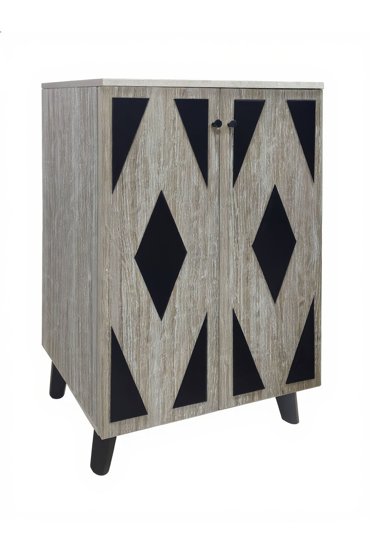 Stylish Beige Shoe Cabinet with Black Geometric Design Double Door Entrance Organizer Storage Stand