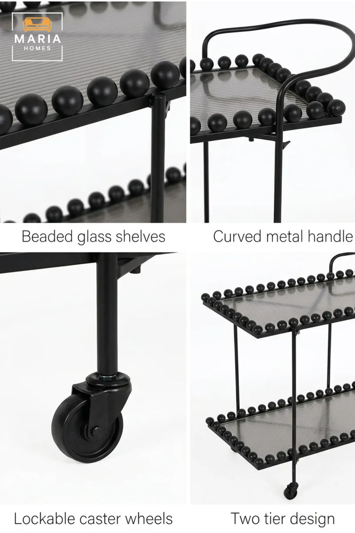 Modern 2-Tier Glass Serving Trolley – Black Rolling Bar Cart with Metal Frame and Decorative Bead Accents