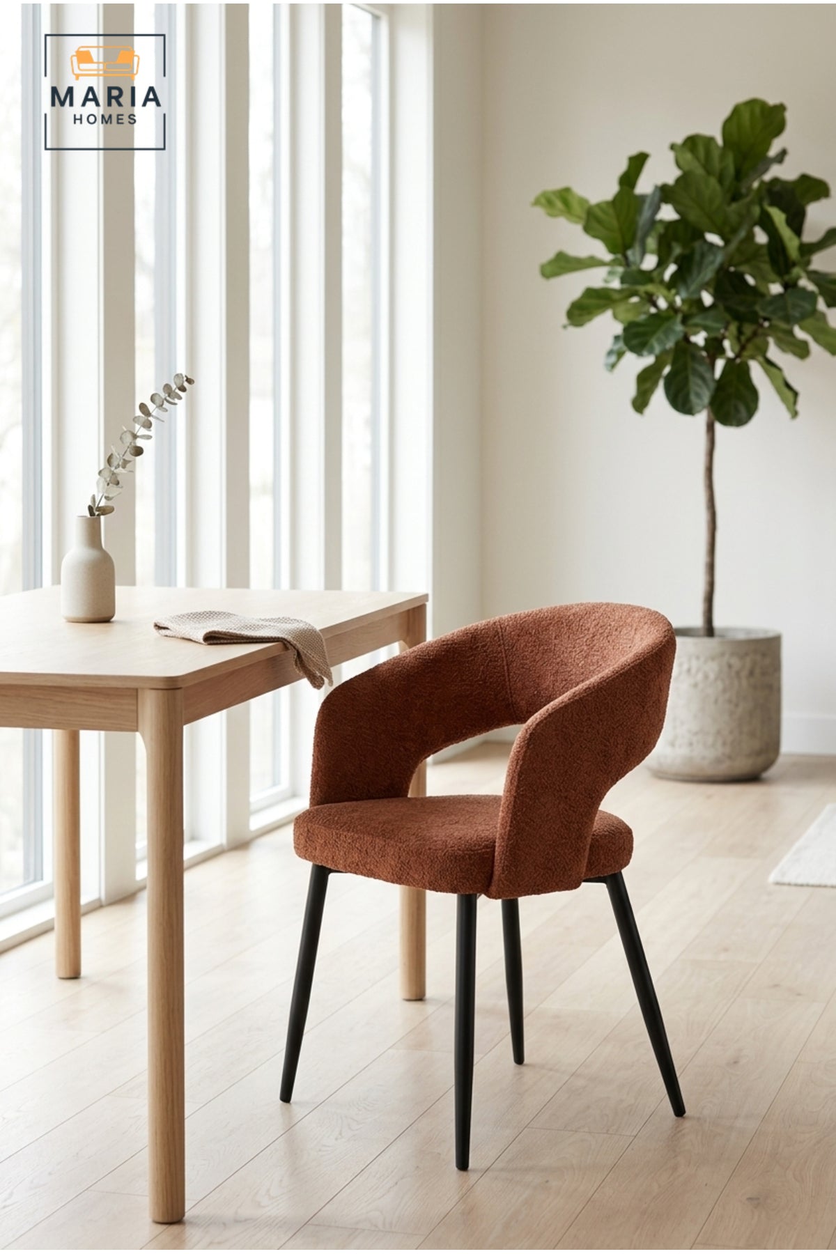 Modern Beige Upholstered Dining Chair with Curved Backrest & Metal Legs for Dining Room