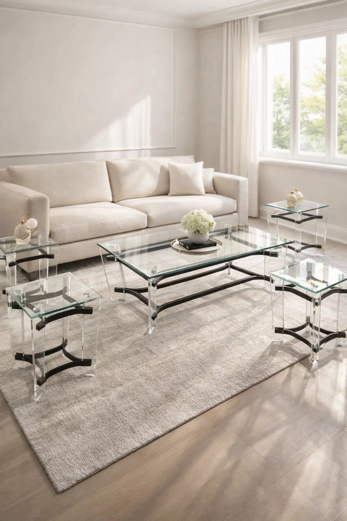 Modern Acrylic Coffee Table Set with Glass Top √ê 1+4 Black Frame Living Room Set