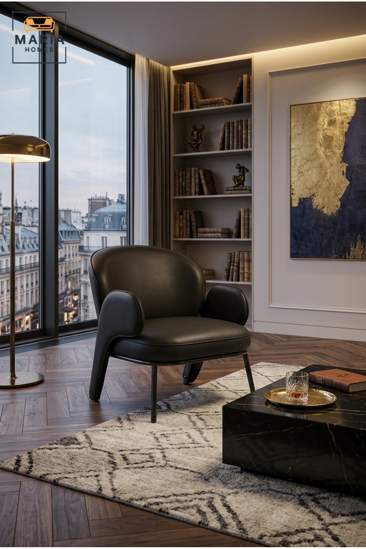 Modern Black Leather Accent Armchair with Curved Backrest, Padded Seat, Unique Armrests & Slim Metal Legs for Living Room Bedroom Office Lounge