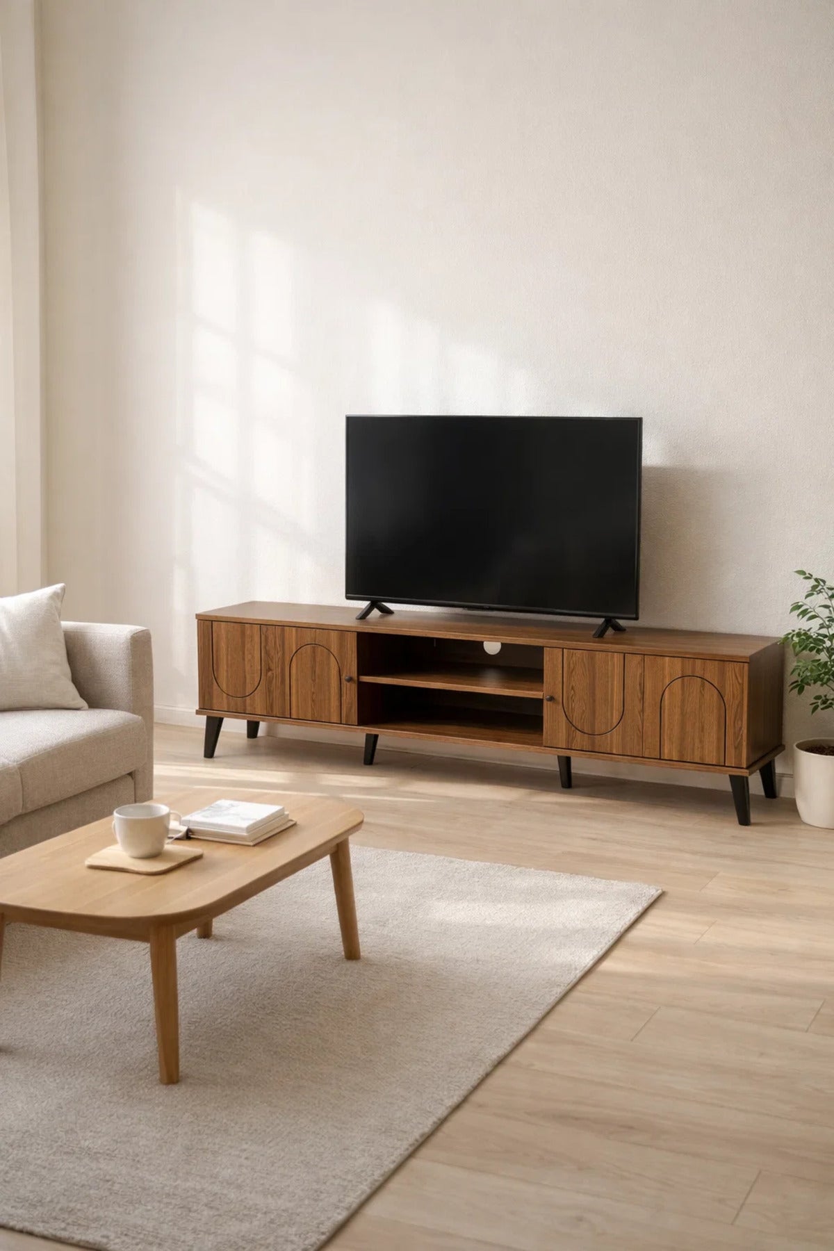 Modern Wooden TV Stand Dark Brown with Curved Line Design 180 x 40 x 44 cm