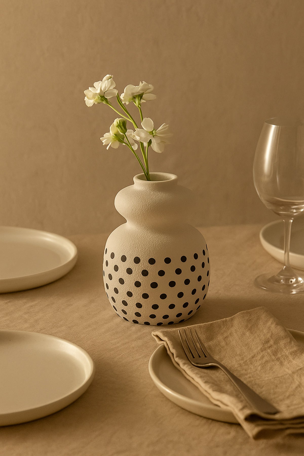 Natural White Ceramic Vase with Black Dots Ð Curvy Round Decorative Vase