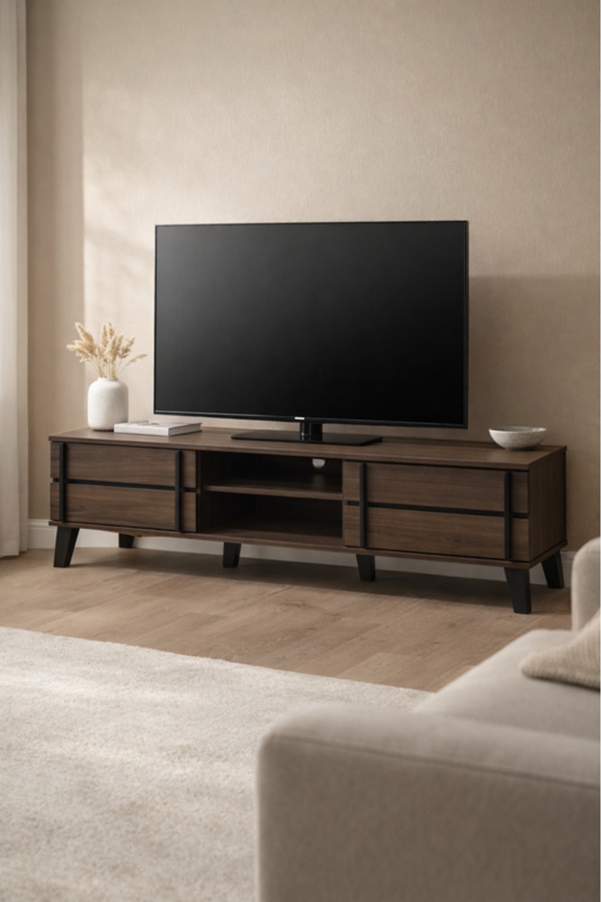 Modern Brown TV Stand with Storage Cabinets and Open Media Shelf