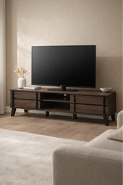 Modern Brown TV Stand with Storage Cabinets and Open Media Shelf