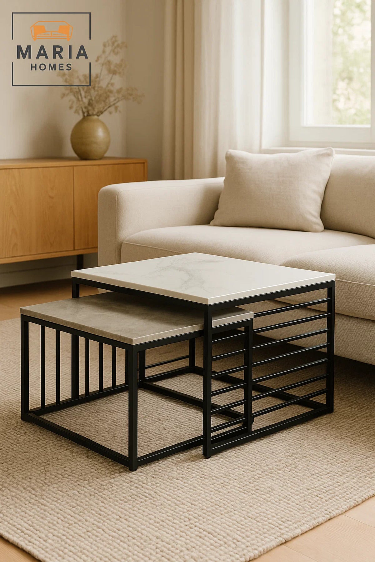 Modern Nesting Coffee Table Set Ð Marble Top with Black Metal Cage Frame