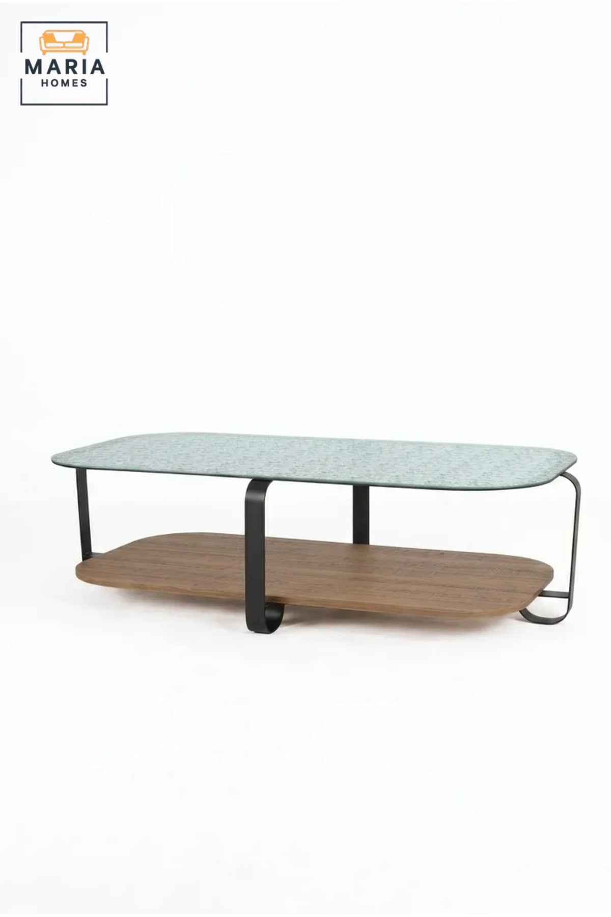 Modern Rectangular Coffee Table with Textured Glass Top, Wooden Lower Shelf and Curved Frame, Two-Level Center Table for Living Room, Lounge and Office