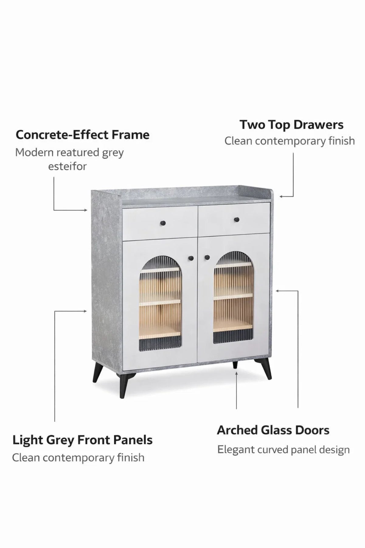 Modern 80cm Shoe Cabinet with Drawers and Arched Glass Doors for Stylish Entryway Organization