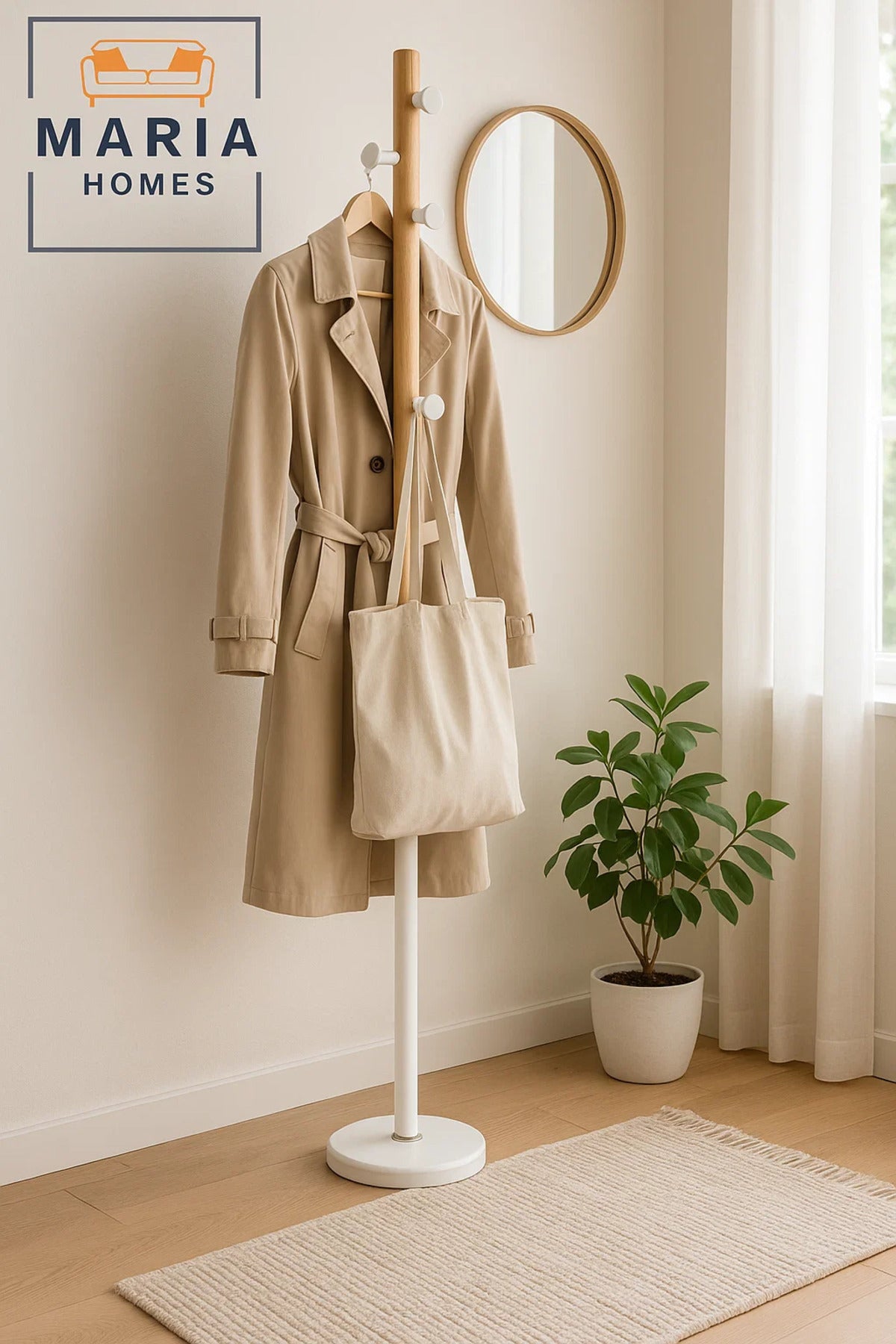 Slim Wooden Coat Rack with White Metal Base and Side Pegs