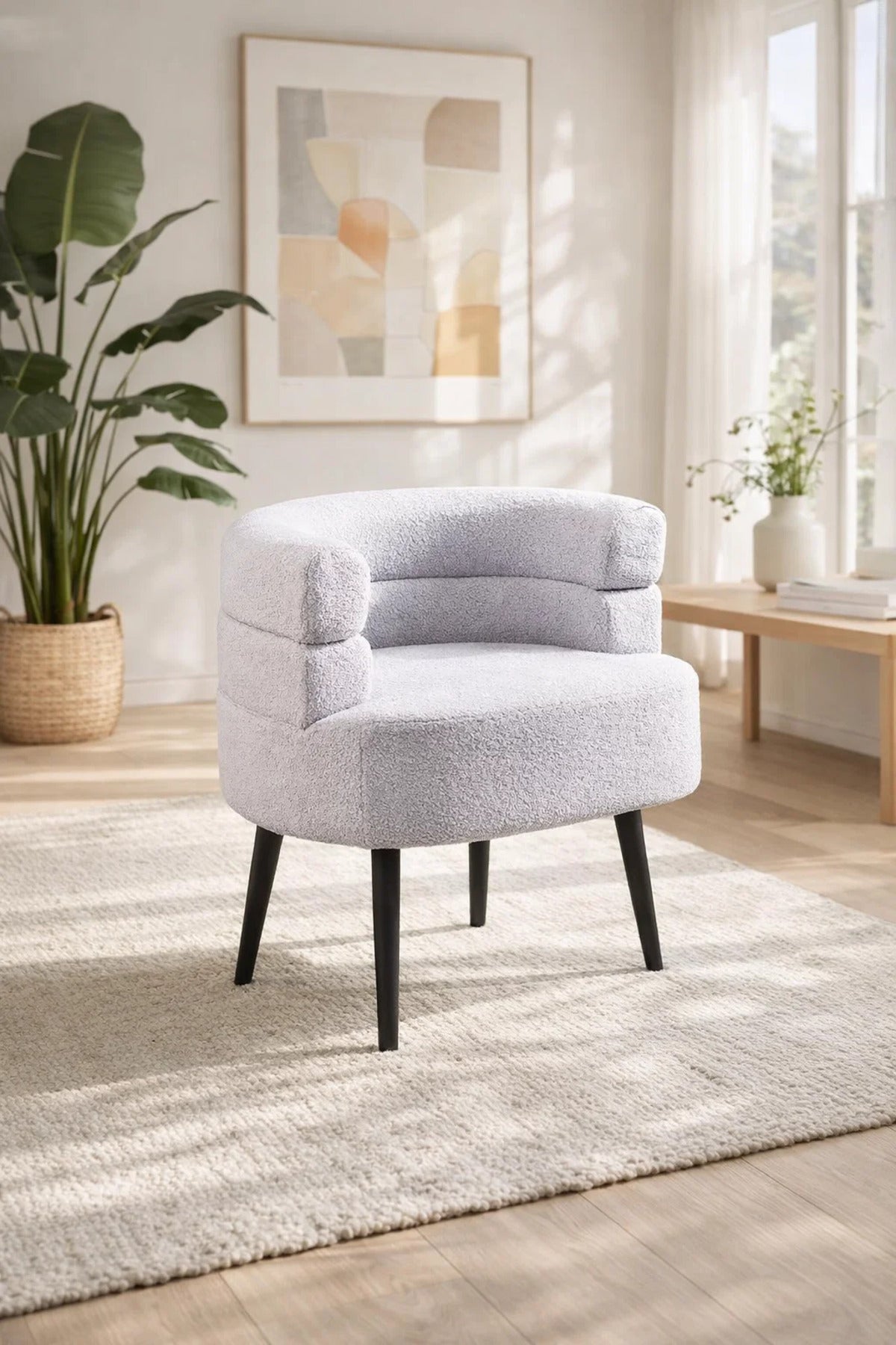 Premium Light Grey Boucle Fabric Armchair with Curved Back Design for Modern Home Living Room