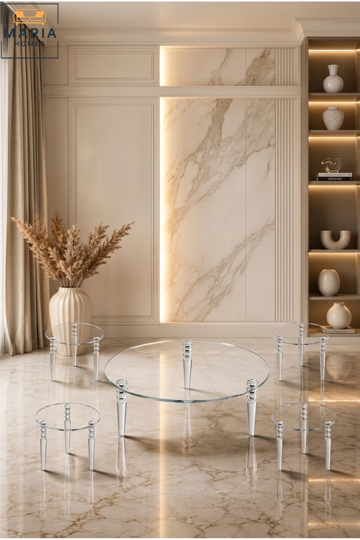 Round Acrylic Center Table Set – Clear 2-Tier Design with Lower Shelf