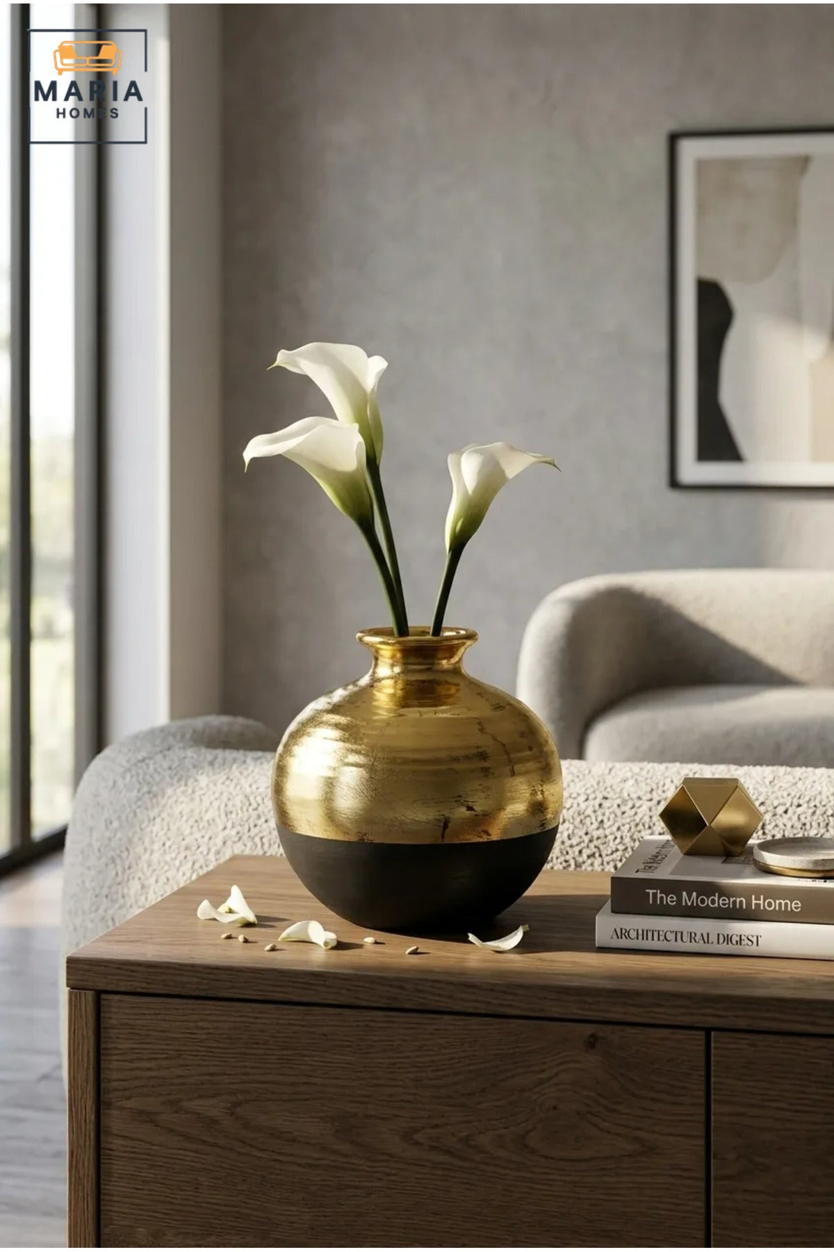 Modern Decorative Flower Vase with Gold-Tone Finish, Rounded Body and Contrasting Base for Living Room, Bedroom, Office, Shelf and Console Décor
