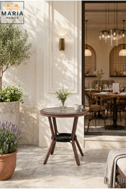 Modern Round Caf≈Ω Table with Glass Top and Storage Shelf √ê Bistro Coffee Table for Caf≈Ω, Balcony & Outdoor Seating