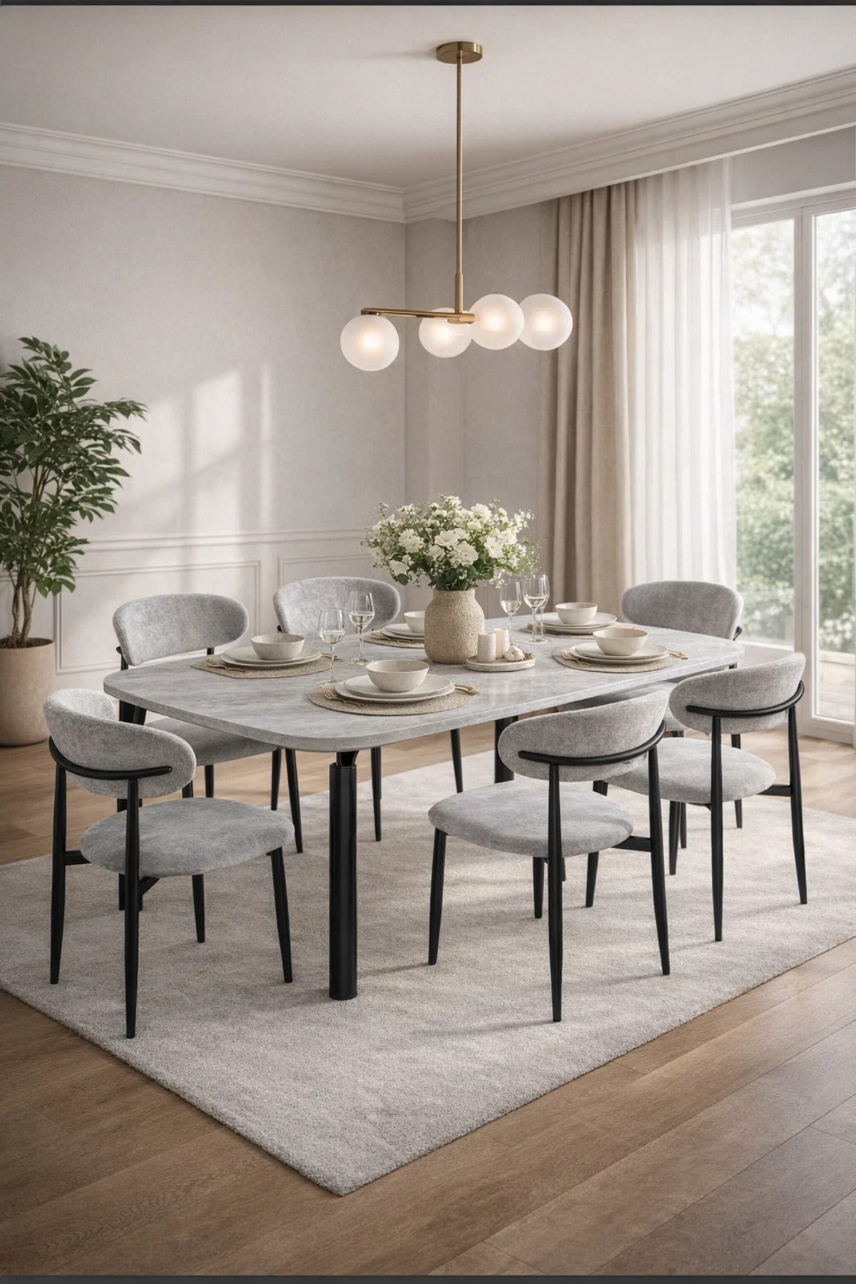 Grey Marble-Look Dining Table Set with 6 Chairs √ê 180_100cm