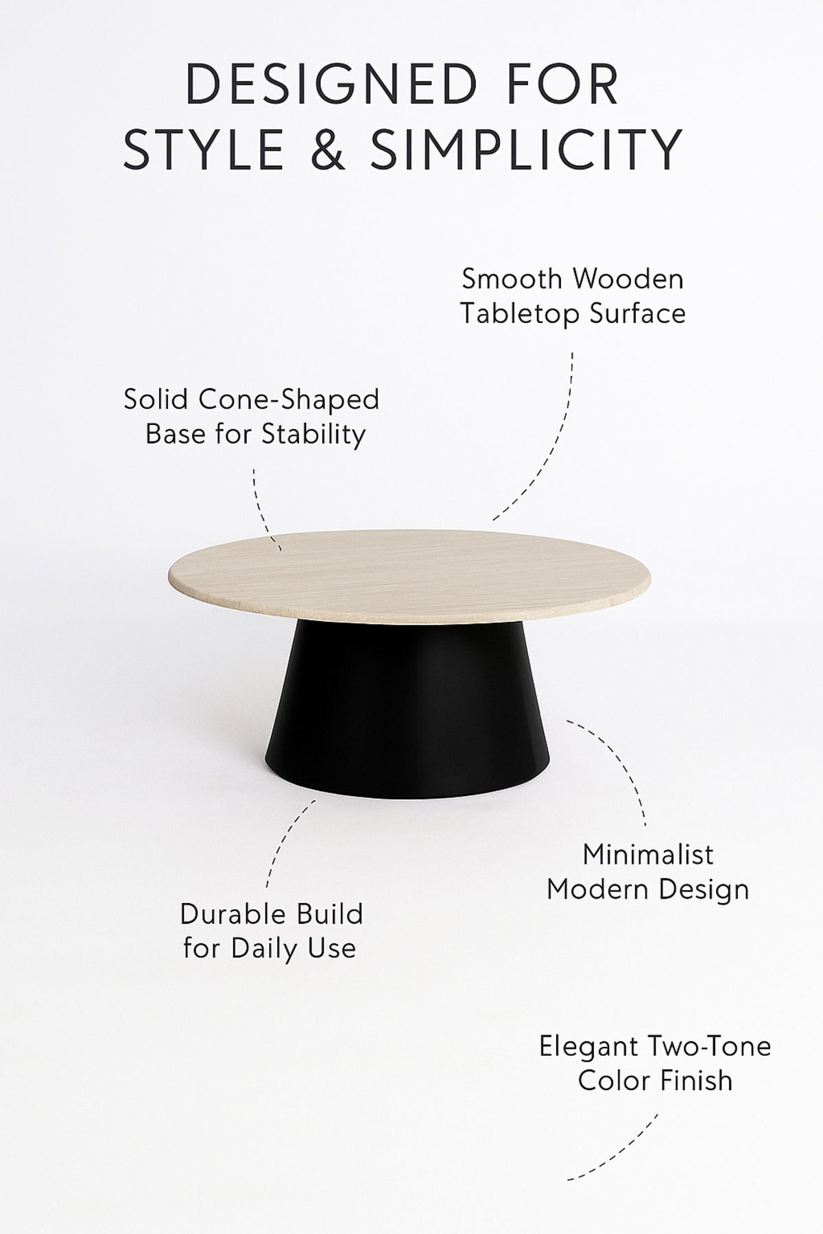 Modern Round Coffee Table with Wooden Top and Black Base Stylish Center Table 90_45cm