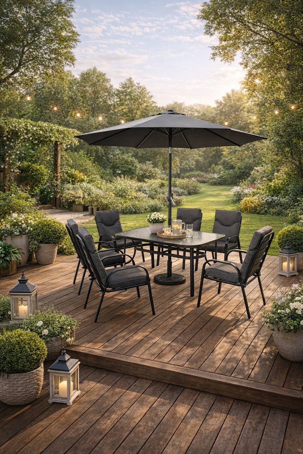 Outdoor 6-Seater Dining Set with Parasol Rectangular Table and Comfy Cushioned Chairs Dark Grey