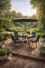 Outdoor 6-Seater Dining Set with Parasol Rectangular Table and Comfy Cushioned Chairs Dark Grey