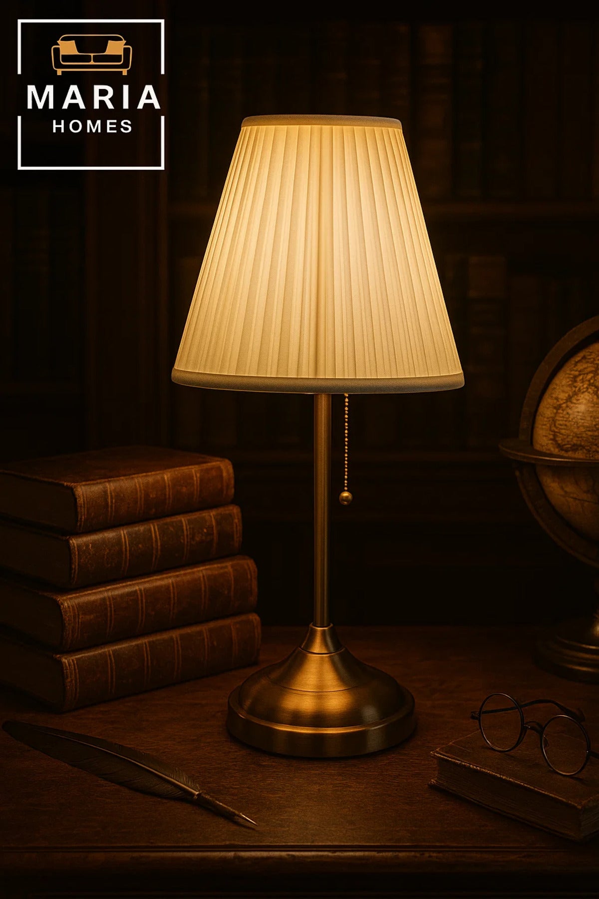 Vintage Brass Table Lamp with Pleated Shade for Cozy Bedroom or Entryway