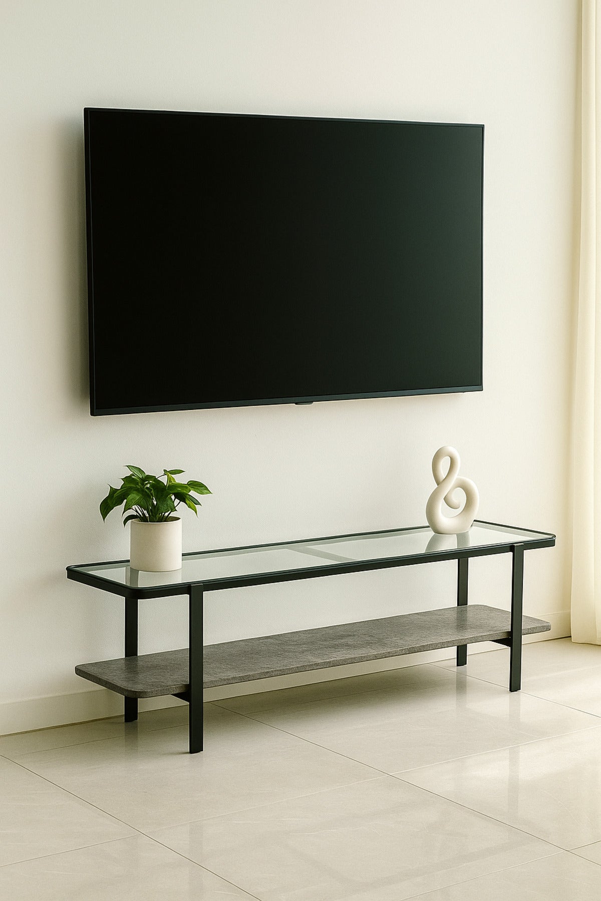 Modern Glass Top Console Table with Grey Stone Shelf & Black Metal Frame Ð 180_40_50 cm