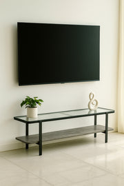 Modern Glass Top Console Table with Grey Stone Shelf & Black Metal Frame Ð 180_40_50 cm