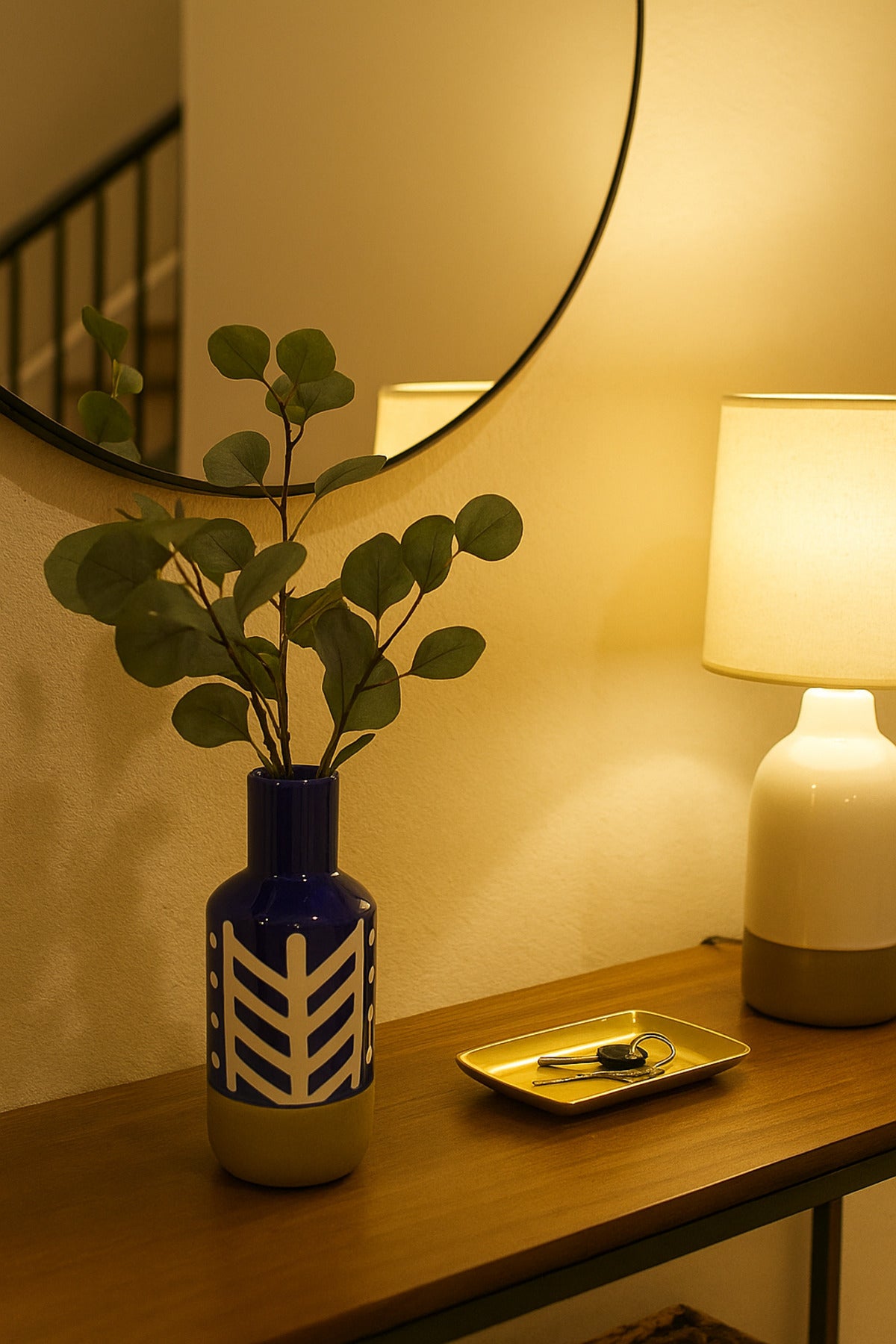 Dark Blue and White Ceramic Vase Ð Tall Cylindrical Geometric Decorative Vase