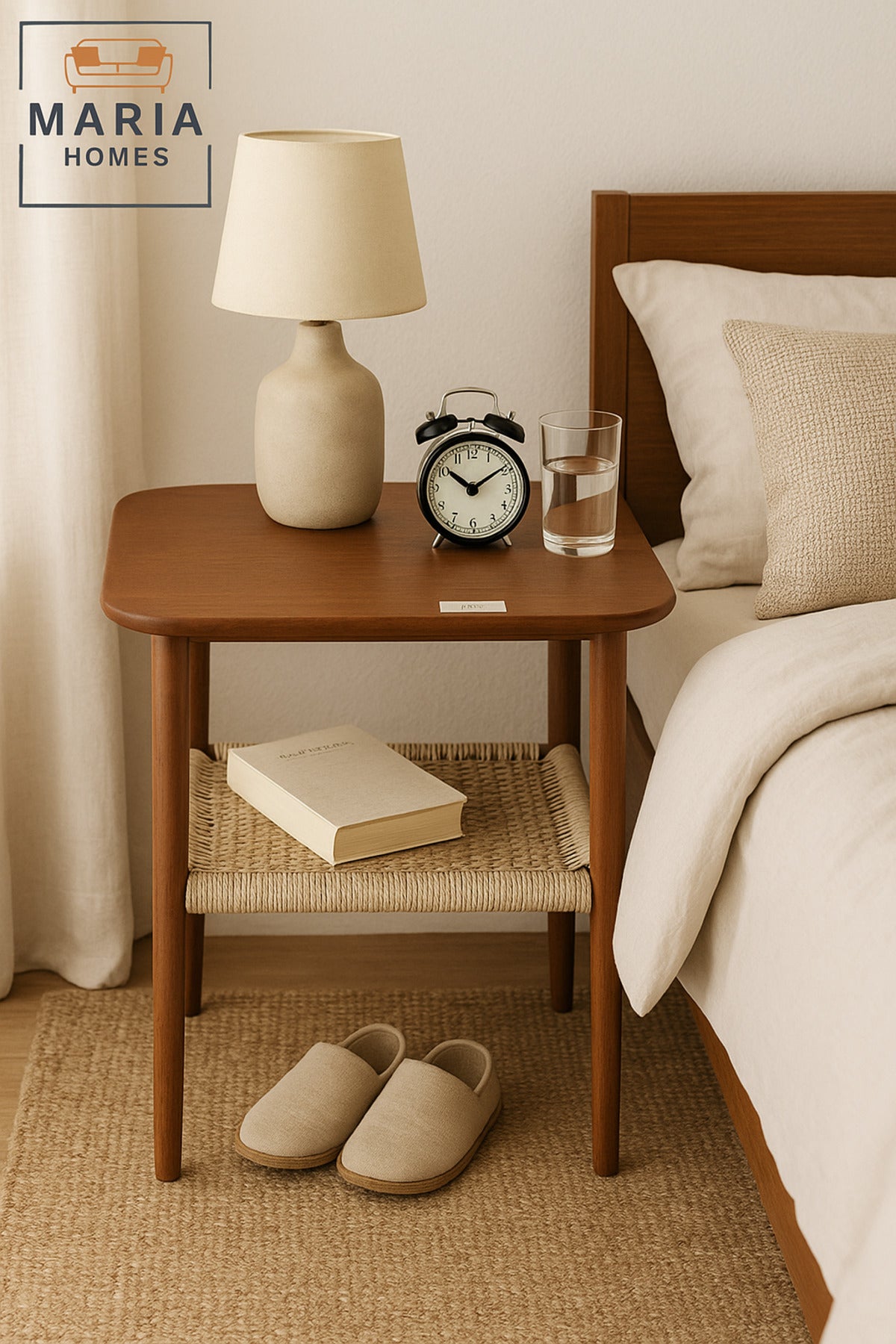 Retro Square Side Table with Woven Rattan Shelf and Wood Frame
