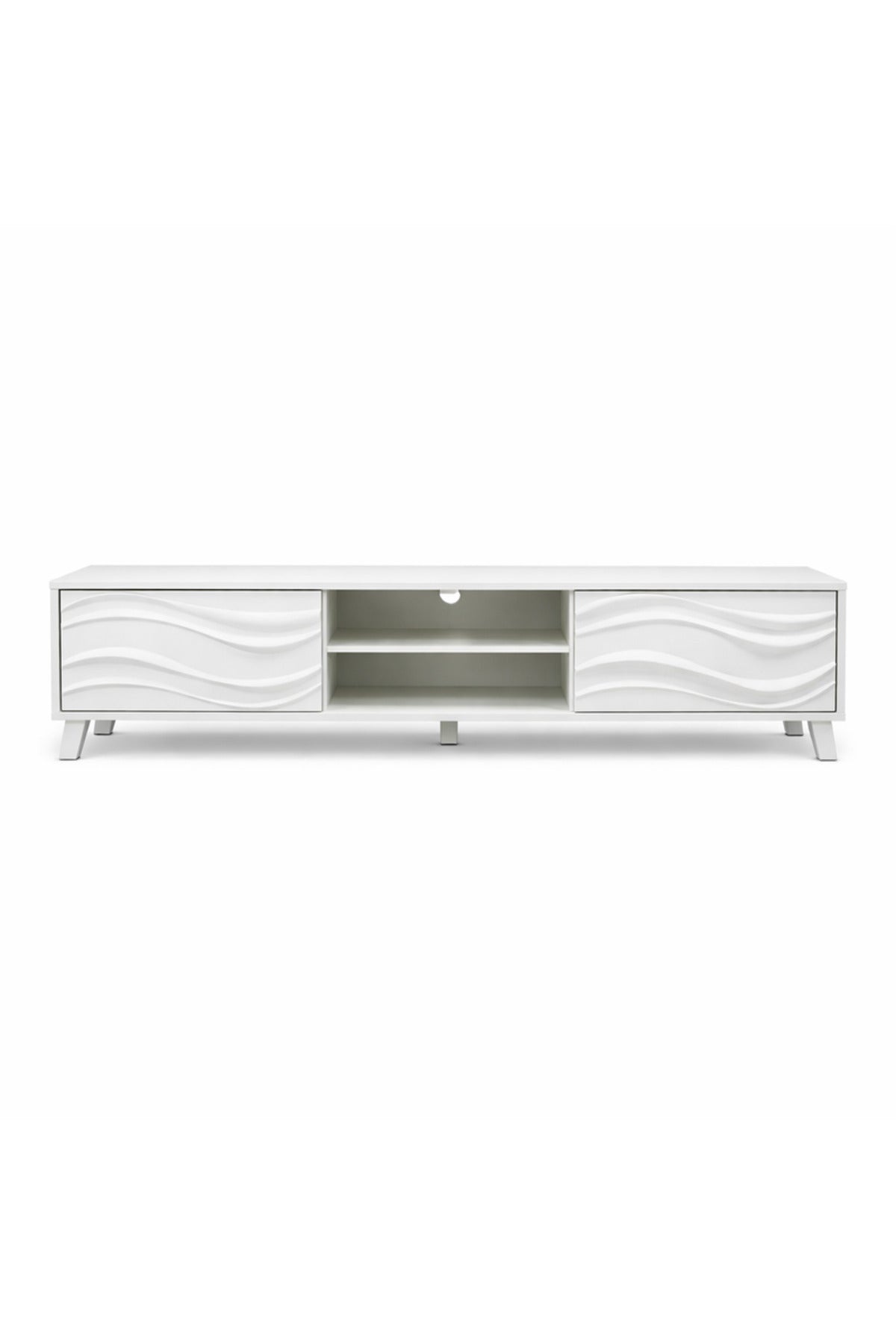 Modern White TV Stand with Decorative Wave Panels and Storage