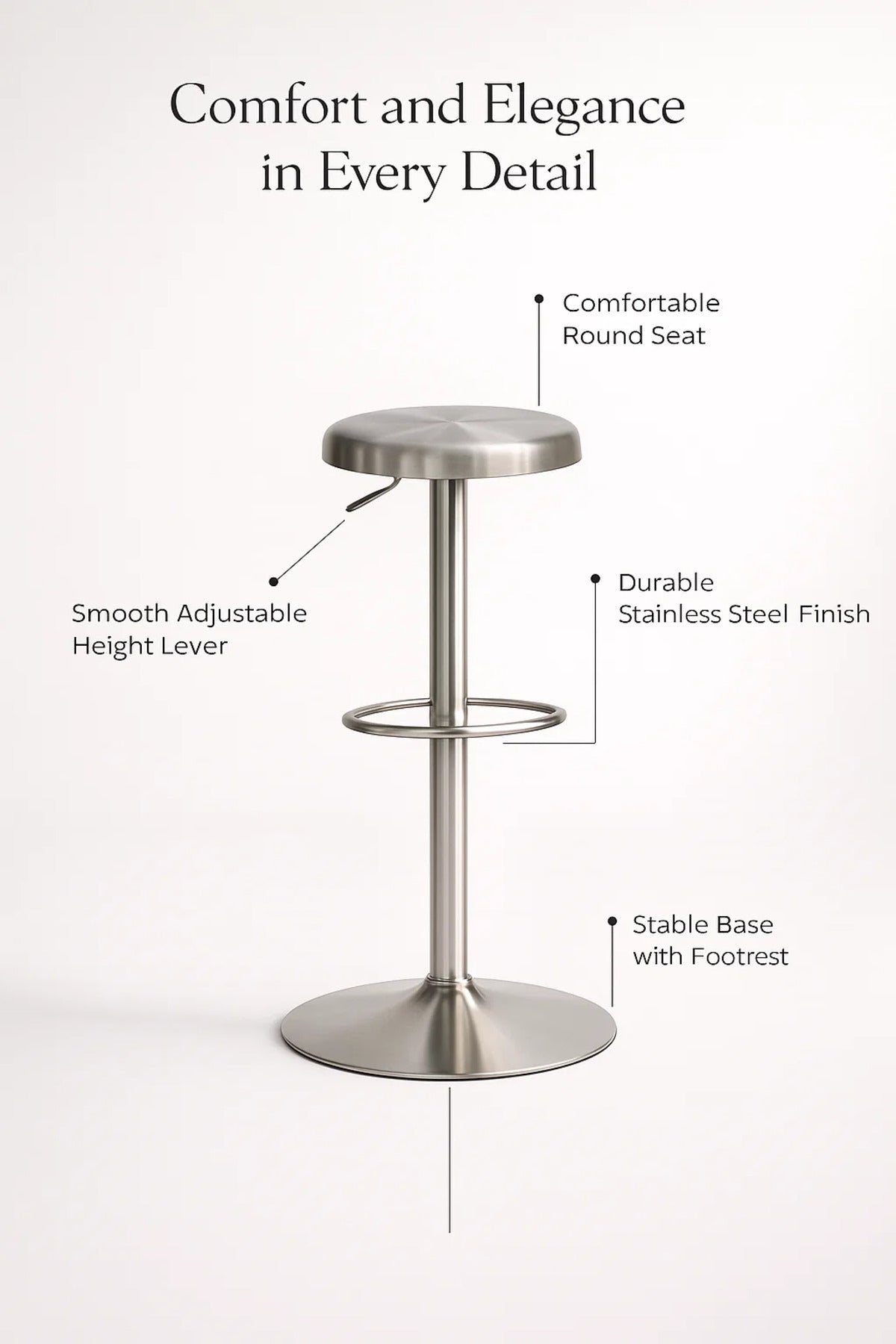 Modern Adjustable Bar Stool Silver Metal Seat with Footrest