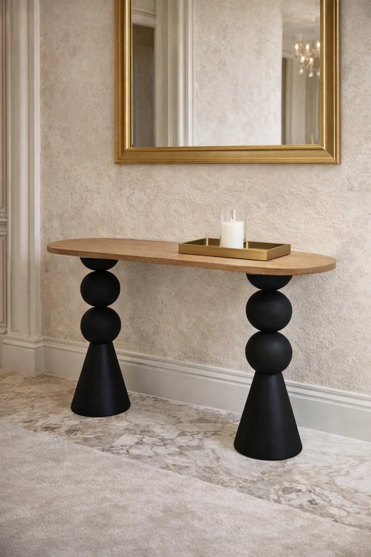 Modern Art Deco Console Table Wood Top Black Sculptural Legs for Living Room Entryway 120cm